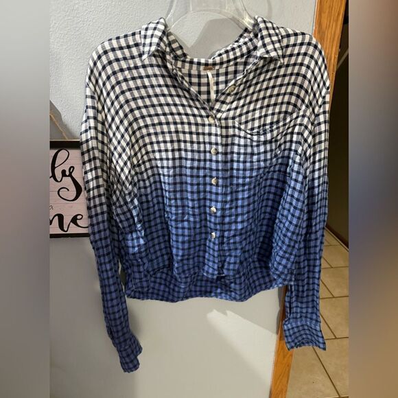Free People Ombré Button Down plaid Flannel Size Medium - Picture 4 of 5